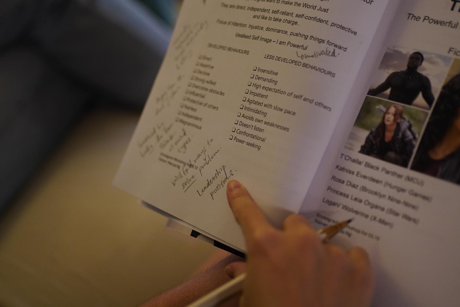 Close-up of an annotated Enneagram workbook page