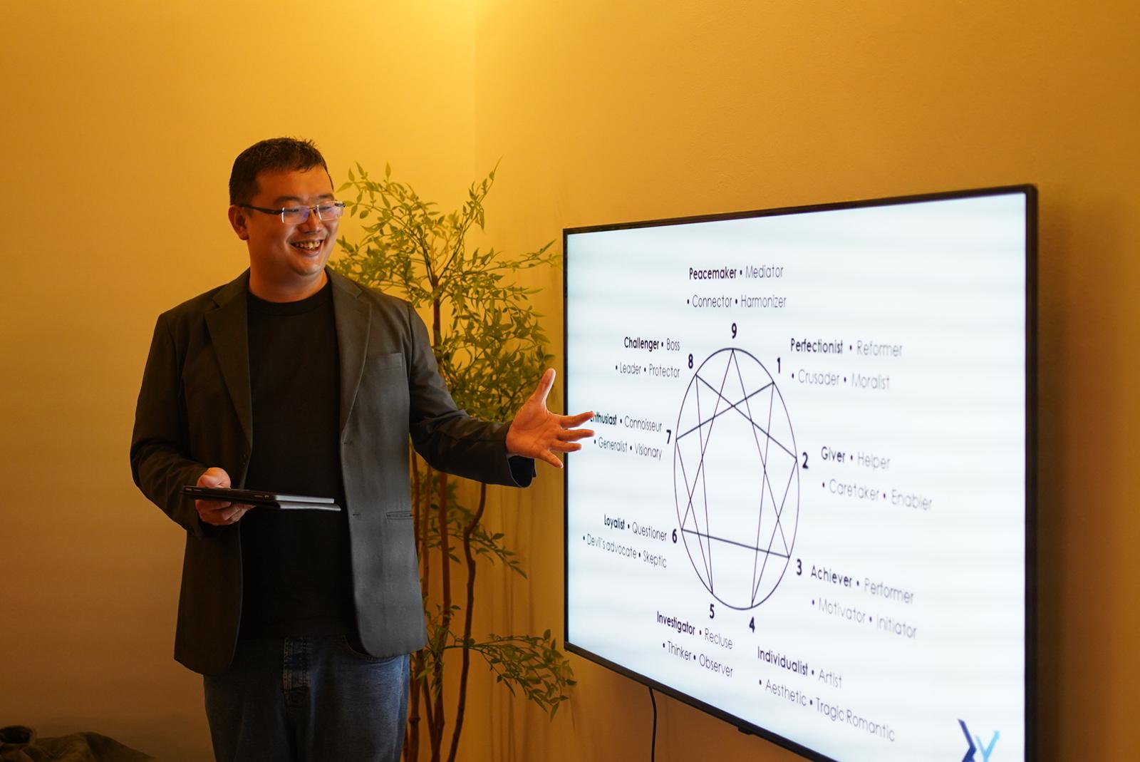 Facilitator presenting the nine Enneagram types on screen